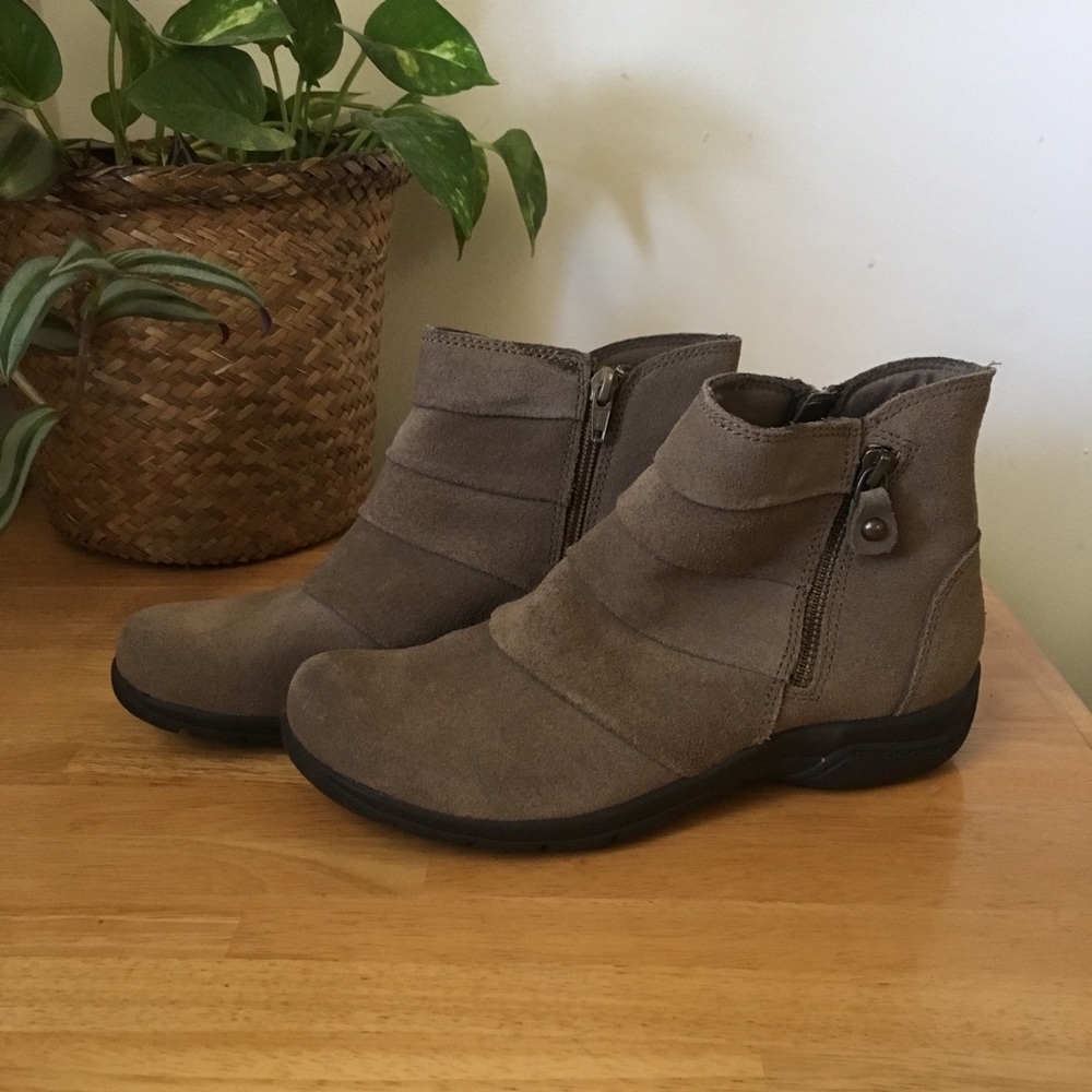 Clarks Taupe Suede Ankle Boots with Side Zipper